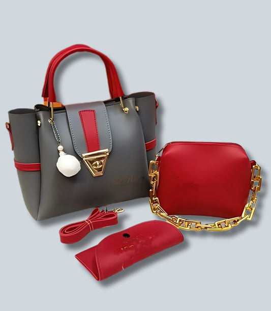 Luxury 3-Piece Handbag Set – Red & Grey with Gold Detailing